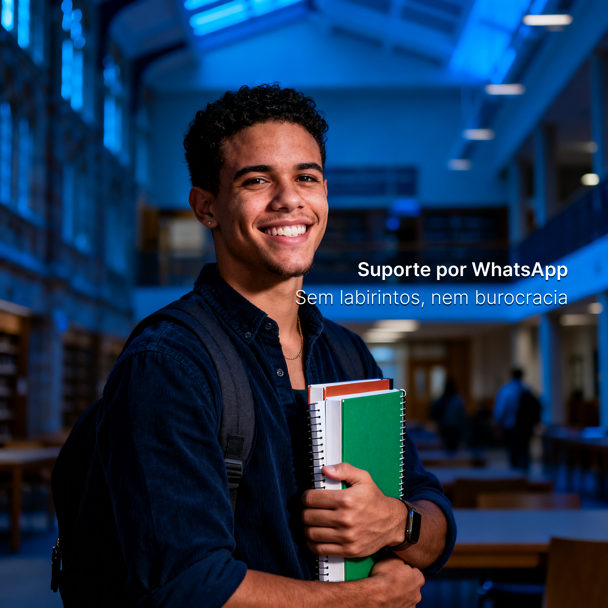 Estudante feliz, representando suporte humano