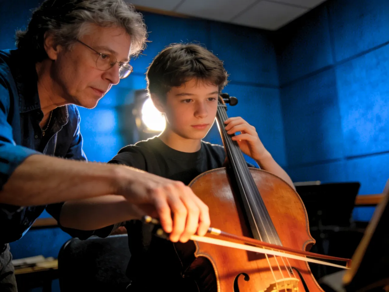 Professor e aluno de violoncelo, representando a missão do Icedupe